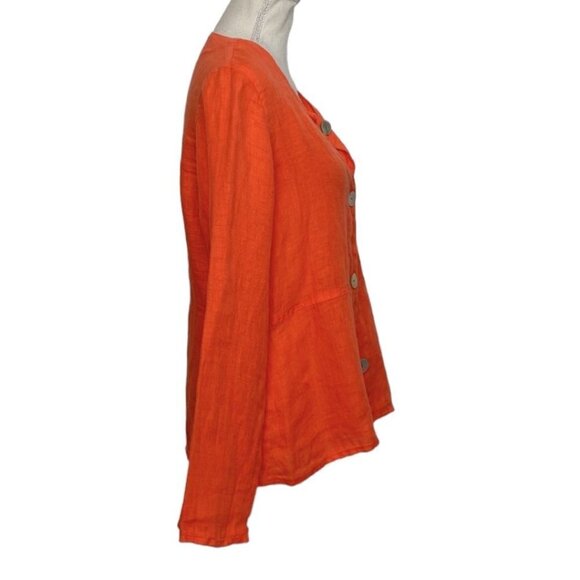 FLAX CORAL ORANGE LINEN LONG SLEEVE BUTTON DOWN TUNIC SHIRT - S - Picture 2 of 9